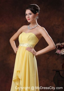 2013 Lovely Yellow High-low Style Prom Dress With Belt