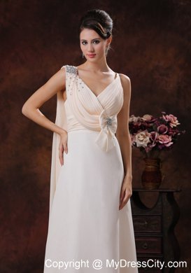 V-neck Chiffon Watteau Train Prom Dress With Beaded Bow