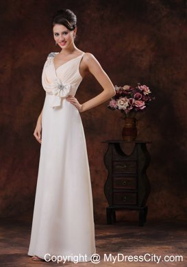 V-neck Chiffon Watteau Train Prom Dress With Beaded Bow