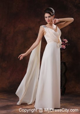 V-neck Chiffon Watteau Train Prom Dress With Beaded Bow