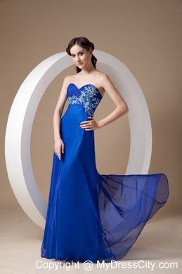 Blue Empire Sweetheart Appliques Evening Dress with Train