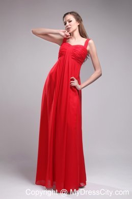 Red Empire Straps Ruched Chiffon Prom Dress Floor-length