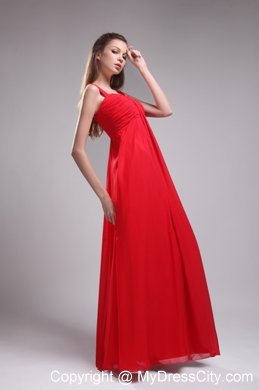 Red Empire Straps Ruched Chiffon Prom Dress Floor-length