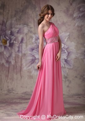 Beading and Ruches One Shoulder Rose Pink Prom Dress