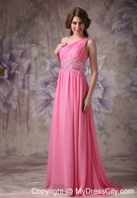 Beading and Ruches One Shoulder Rose Pink Prom Dress