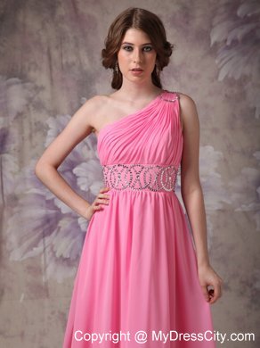 Beading and Ruches One Shoulder Rose Pink Prom Dress