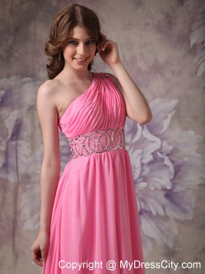 Beading and Ruches One Shoulder Rose Pink Prom Dress