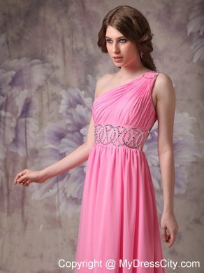 Beading and Ruches One Shoulder Rose Pink Prom Dress