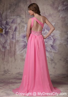 Beading and Ruches One Shoulder Rose Pink Prom Dress