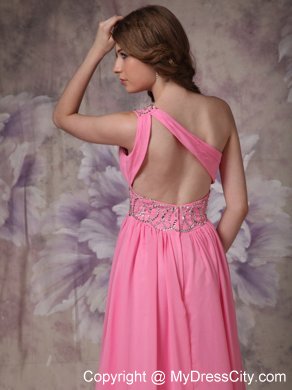 Beading and Ruches One Shoulder Rose Pink Prom Dress