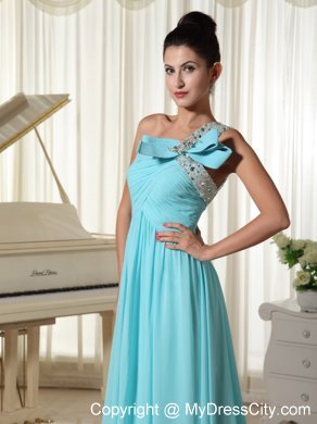 Beaded One Shoulder Blue Ruched Chiffon Prom Dress