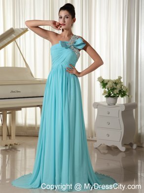 Beaded One Shoulder Blue Ruched Chiffon Prom Dress