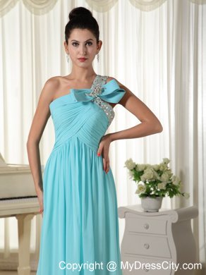 Beaded One Shoulder Blue Ruched Chiffon Prom Dress