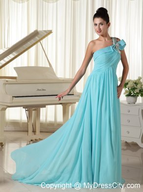 Beaded One Shoulder Blue Ruched Chiffon Prom Dress