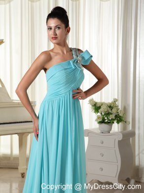 Beaded One Shoulder Blue Ruched Chiffon Prom Dress