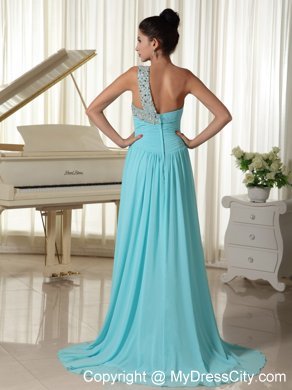 Beaded One Shoulder Blue Ruched Chiffon Prom Dress