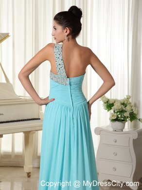 Beaded One Shoulder Blue Ruched Chiffon Prom Dress