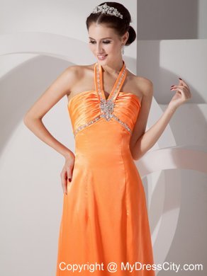 Long Beaded Halter Orange Red Slinky Evening Dress