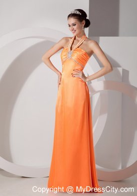 Long Beaded Halter Orange Red Slinky Evening Dress