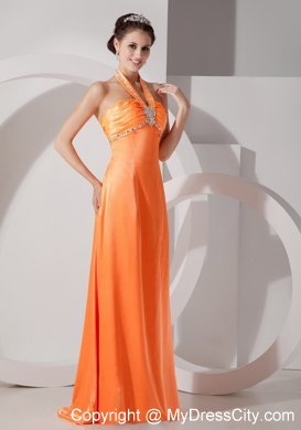 Long Beaded Halter Orange Red Slinky Evening Dress