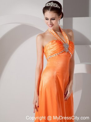 Long Beaded Halter Orange Red Slinky Evening Dress