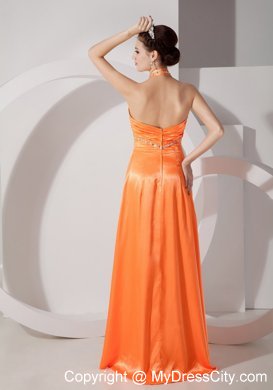 Long Beaded Halter Orange Red Slinky Evening Dress