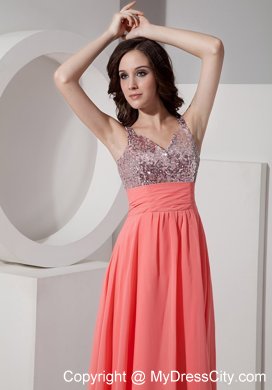 Watermelon Straps Sequined Chiffon Ankle-length Prom Dress