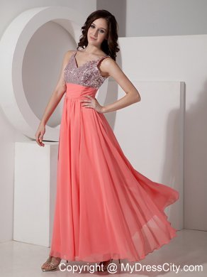 Watermelon Straps Sequined Chiffon Ankle-length Prom Dress