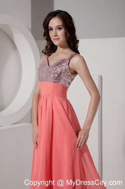 Watermelon Straps Sequined Chiffon Ankle-length Prom Dress