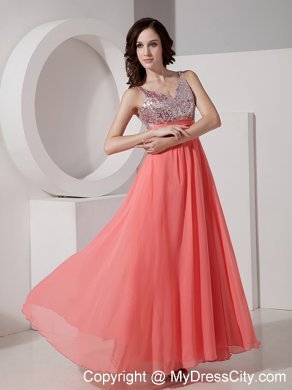 Watermelon Straps Sequined Chiffon Ankle-length Prom Dress