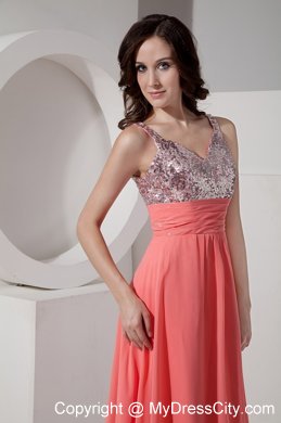 Watermelon Straps Sequined Chiffon Ankle-length Prom Dress