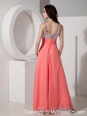 Watermelon Straps Sequined Chiffon Ankle-length Prom Dress