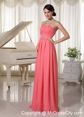 Watermelon Red Empire Chiffon Prom Dress With Ruches