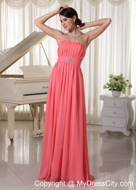 Watermelon Red Empire Chiffon Prom Dress With Ruches