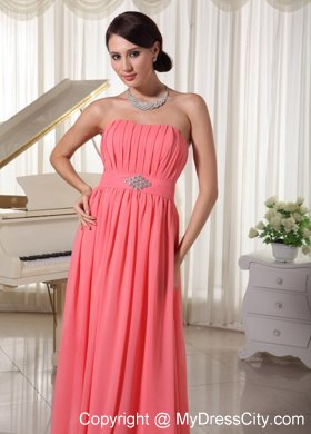 Watermelon Red Empire Chiffon Prom Dress With Ruches