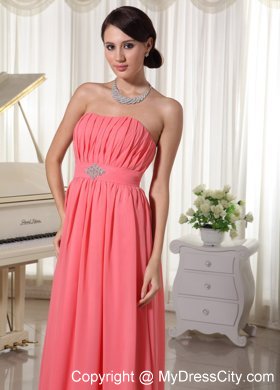 Watermelon Red Empire Chiffon Prom Dress With Ruches