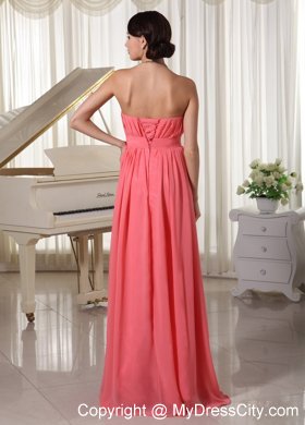 Watermelon Red Empire Chiffon Prom Dress With Ruches