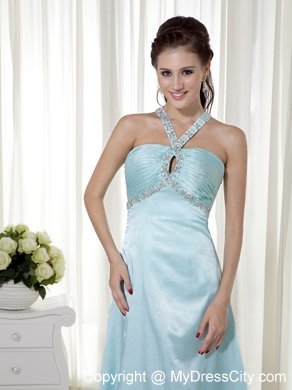 Long Blue Empire Halter Beading Prom Dress with Train