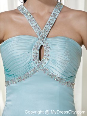 Long Blue Empire Halter Beading Prom Dress with Train