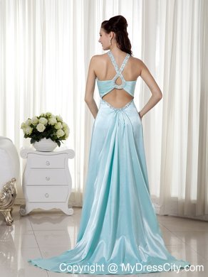 Long Blue Empire Halter Beading Prom Dress with Train