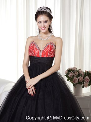 Beaded A-line Sweetheart Tulle Black and Red Prom Dress