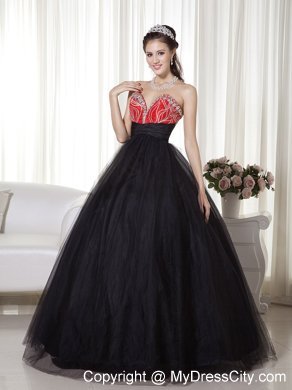 Beaded A-line Sweetheart Tulle Black and Red Prom Dress