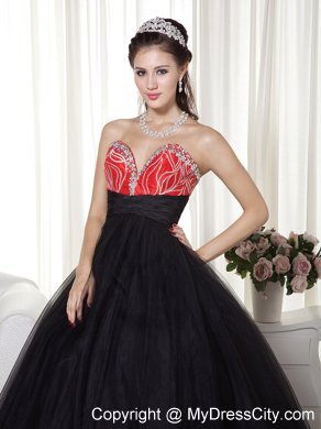 Beaded A-line Sweetheart Tulle Black and Red Prom Dress