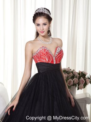 Beaded A-line Sweetheart Tulle Black and Red Prom Dress