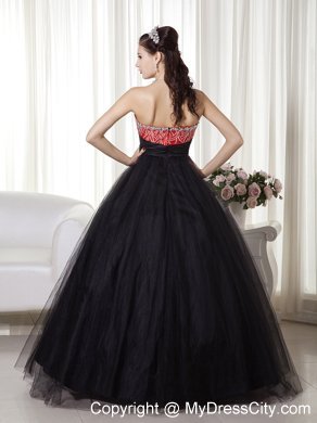 Beaded A-line Sweetheart Tulle Black and Red Prom Dress