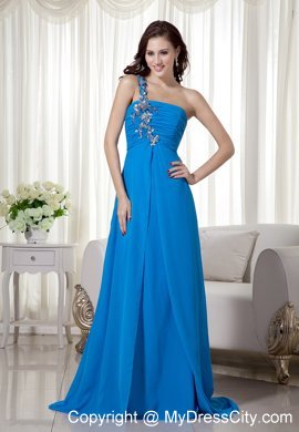 One Shoulder Blue Chiffon Appliques Prom Dress with Train