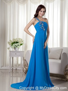 One Shoulder Blue Chiffon Appliques Prom Dress with Train