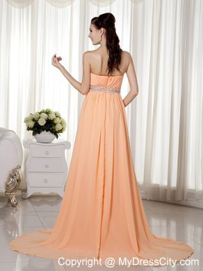 Vintage Empire Strapless Brush Train Chiffon Beaded Prom Dress