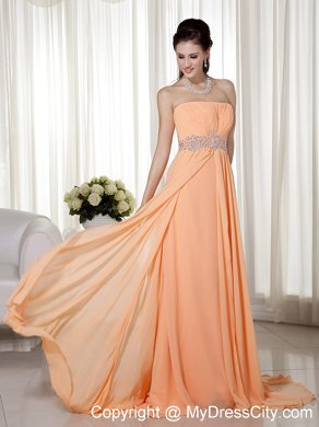 Vintage Empire Strapless Brush Train Chiffon Beaded Prom Dress