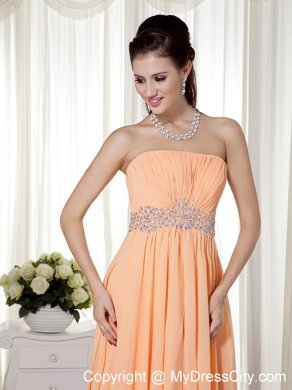 Vintage Empire Strapless Brush Train Chiffon Beaded Prom Dress